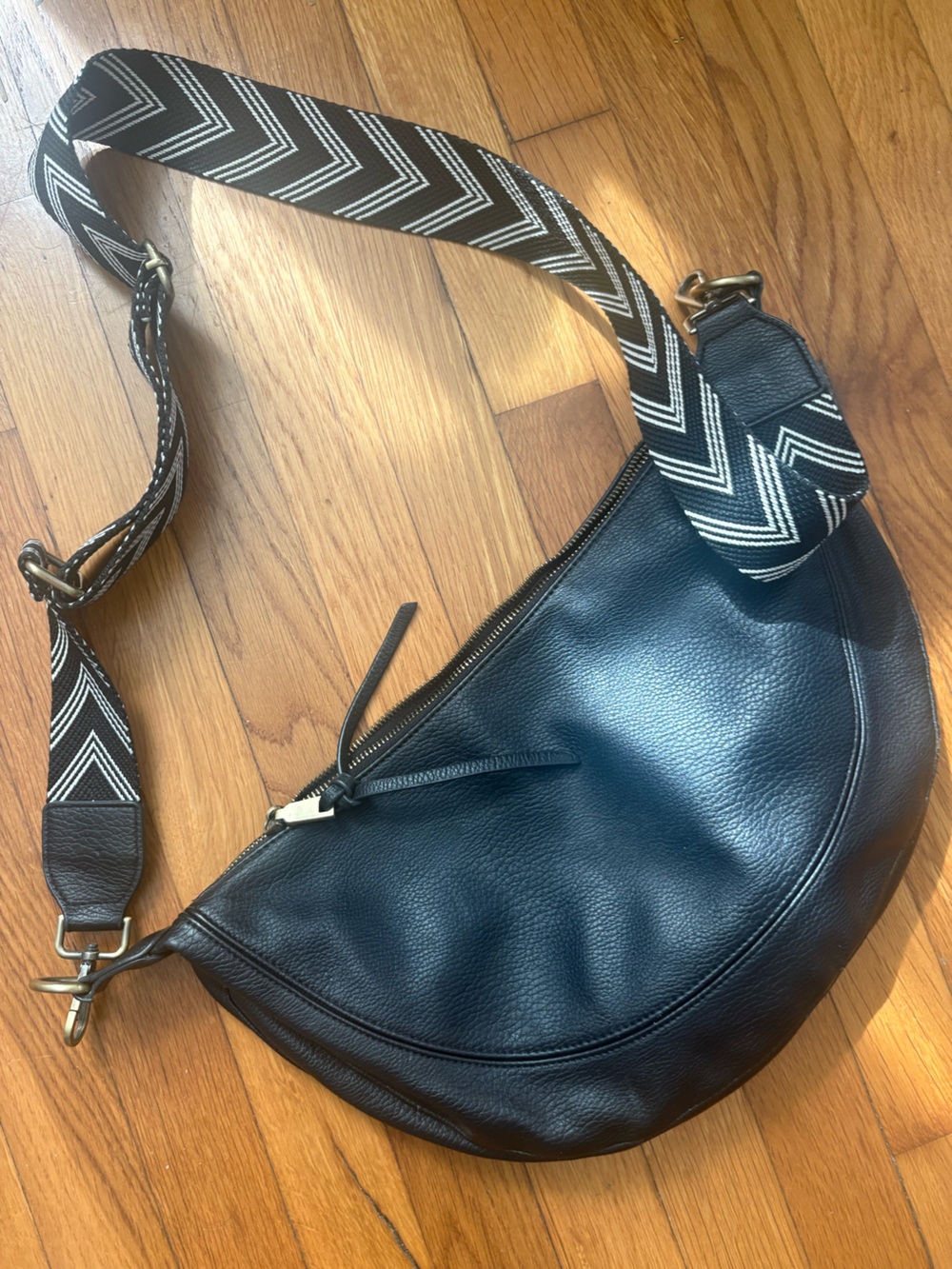 Anthropologie Black Leather Crescent Shoulder Bag with Chevron Strap